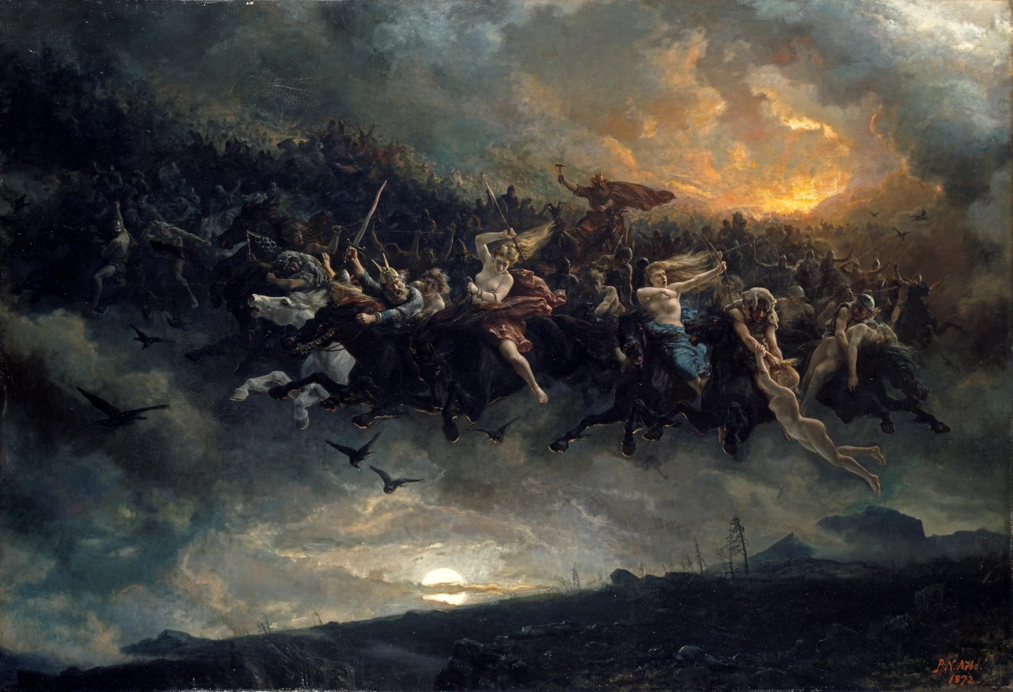 A painting of a Norse god leading a procession of the dead in triumph.